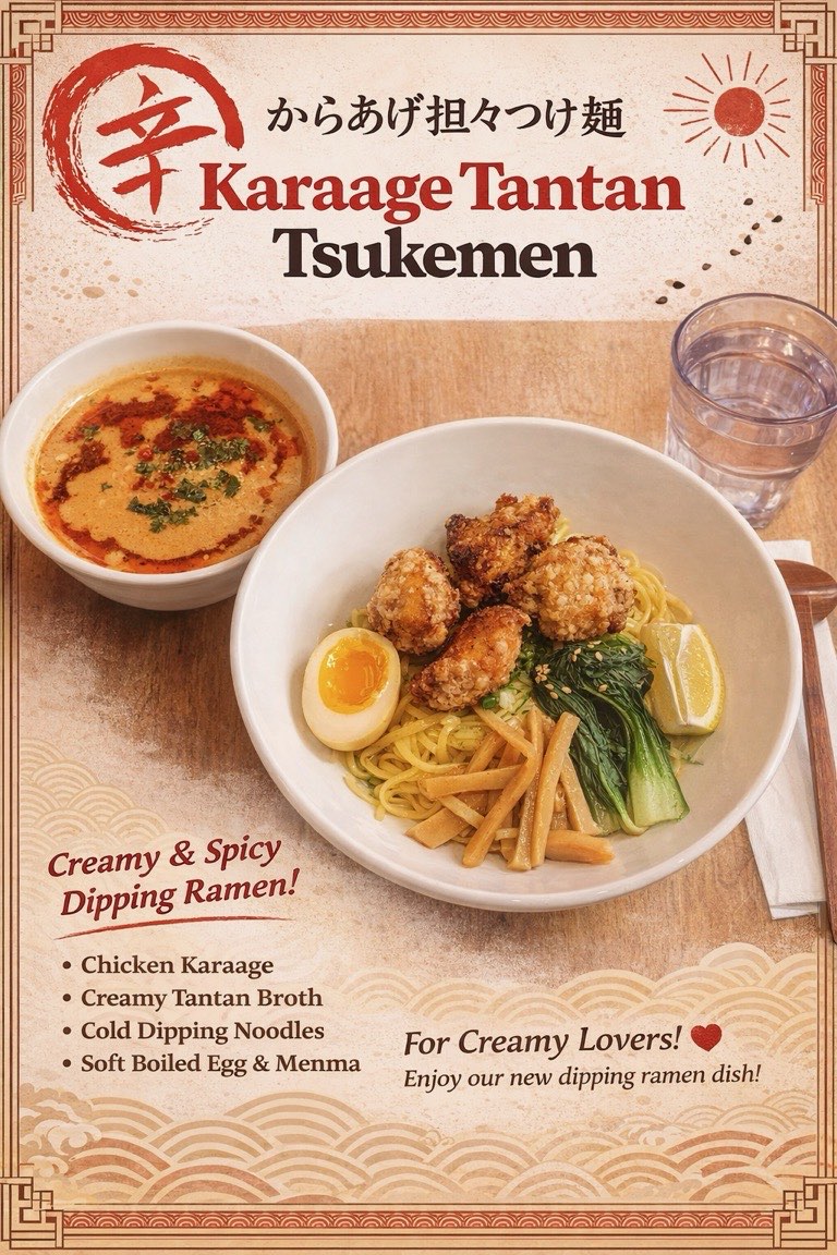 Karaage Tantan Tsukemen with creamy spicy tantan dipping noodles, soy milk miso broth, savory ground pork, crispy chicken, soft-boiled egg, and menma