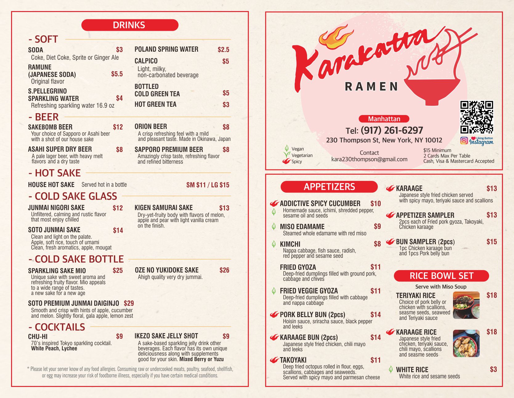 Karakatta Ramen printed menu page showing drinks, appetizers, and rice bowls