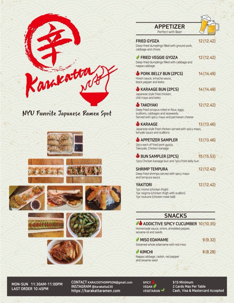 Karakatta Ramen printed menu page showing appetizers and snacks with prices