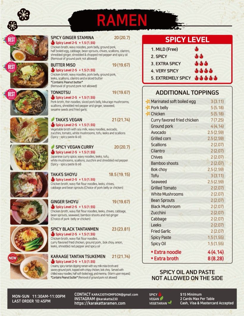 Karakatta Ramen printed menu page showing signature ramen bowls, spice levels, and additional toppings