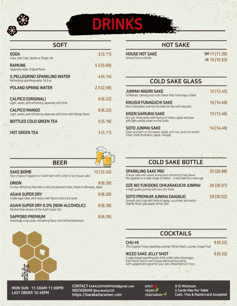 Karakatta Ramen printed menu page showing soft drinks, beer, sake, and cocktails with prices